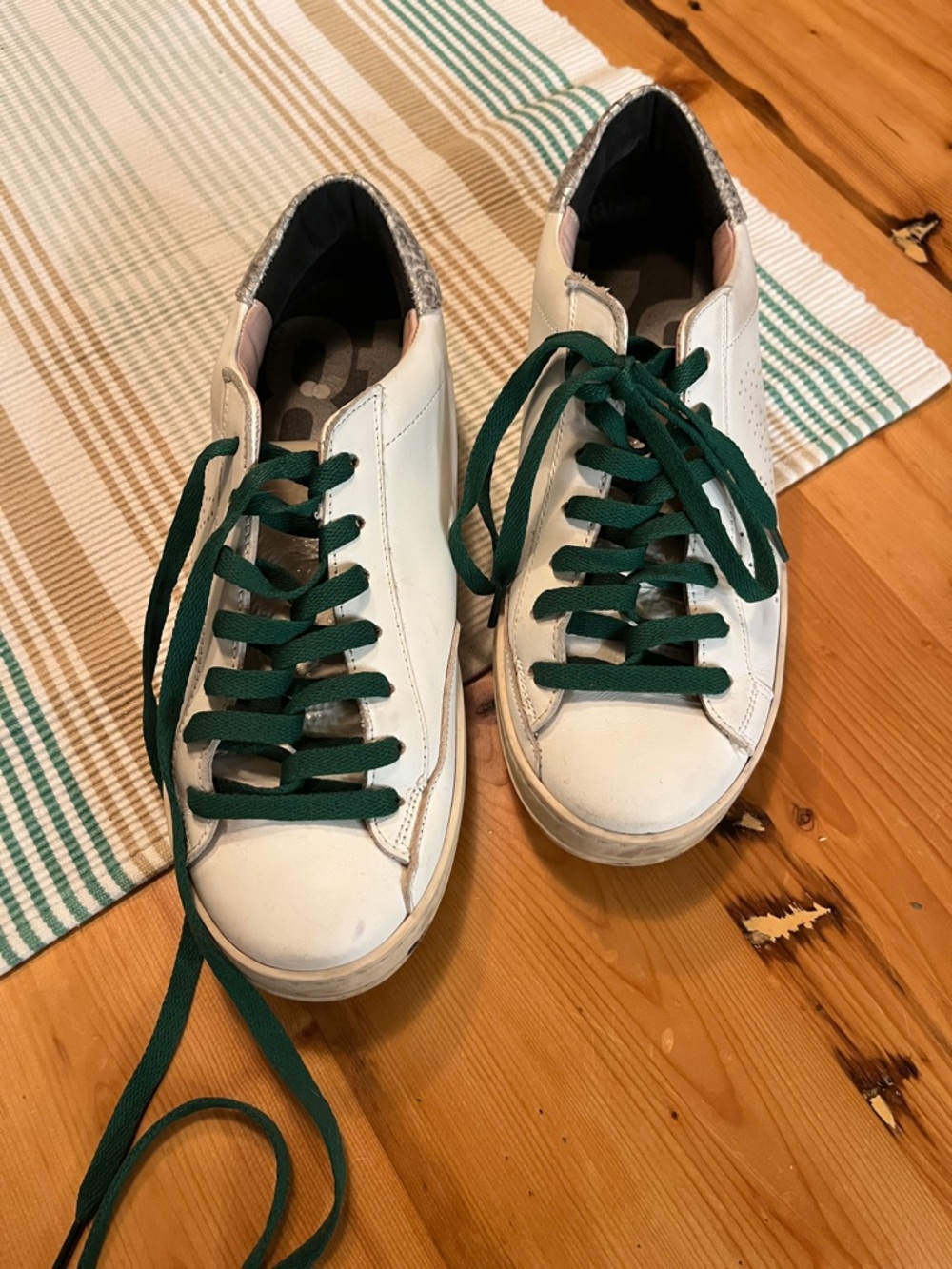 P448 White Sneakers with Green Laces and Pink Heel Accent